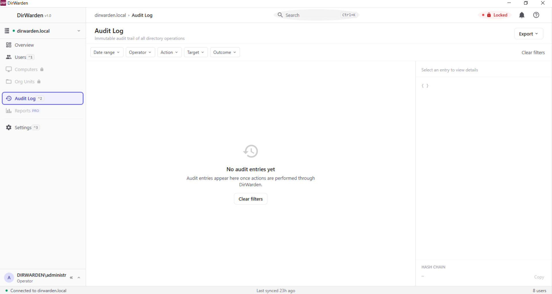 Audit Log — filter by operator, target, action, risk band, date range