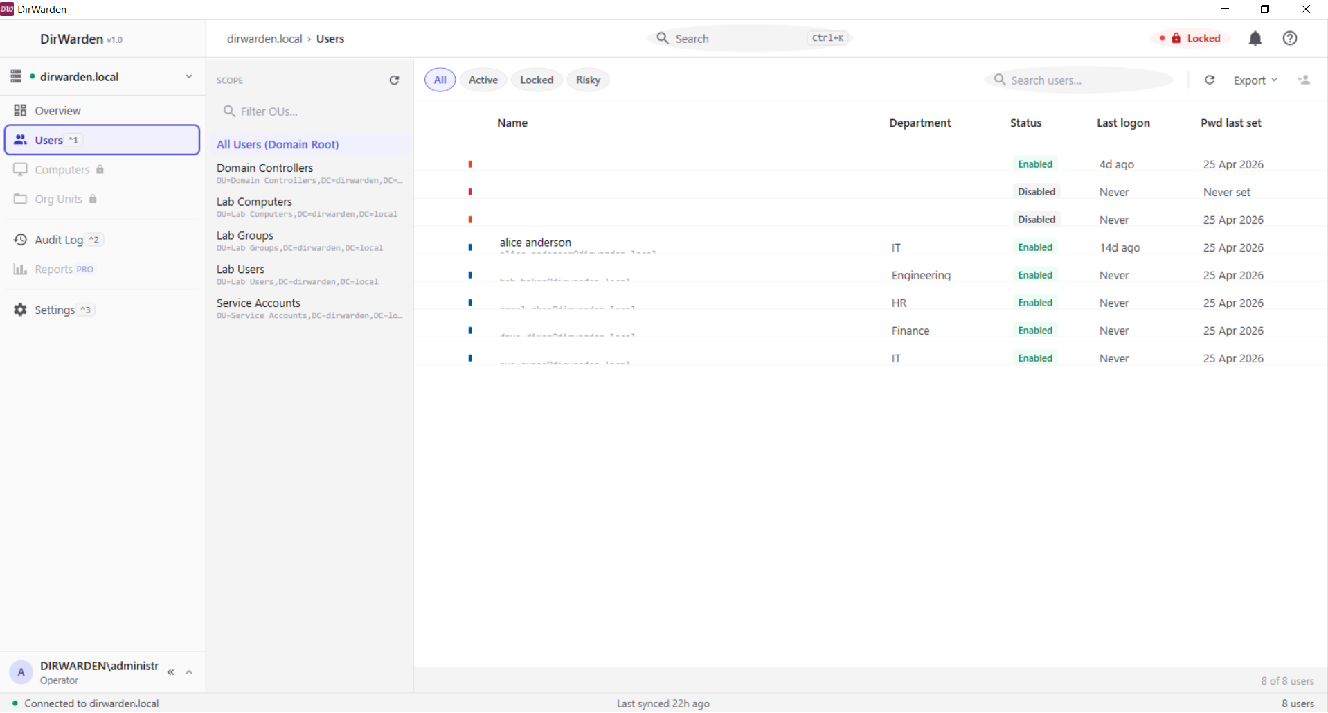Velauth user list — browse OUs, filter by password age, expiry, lockout, last login
